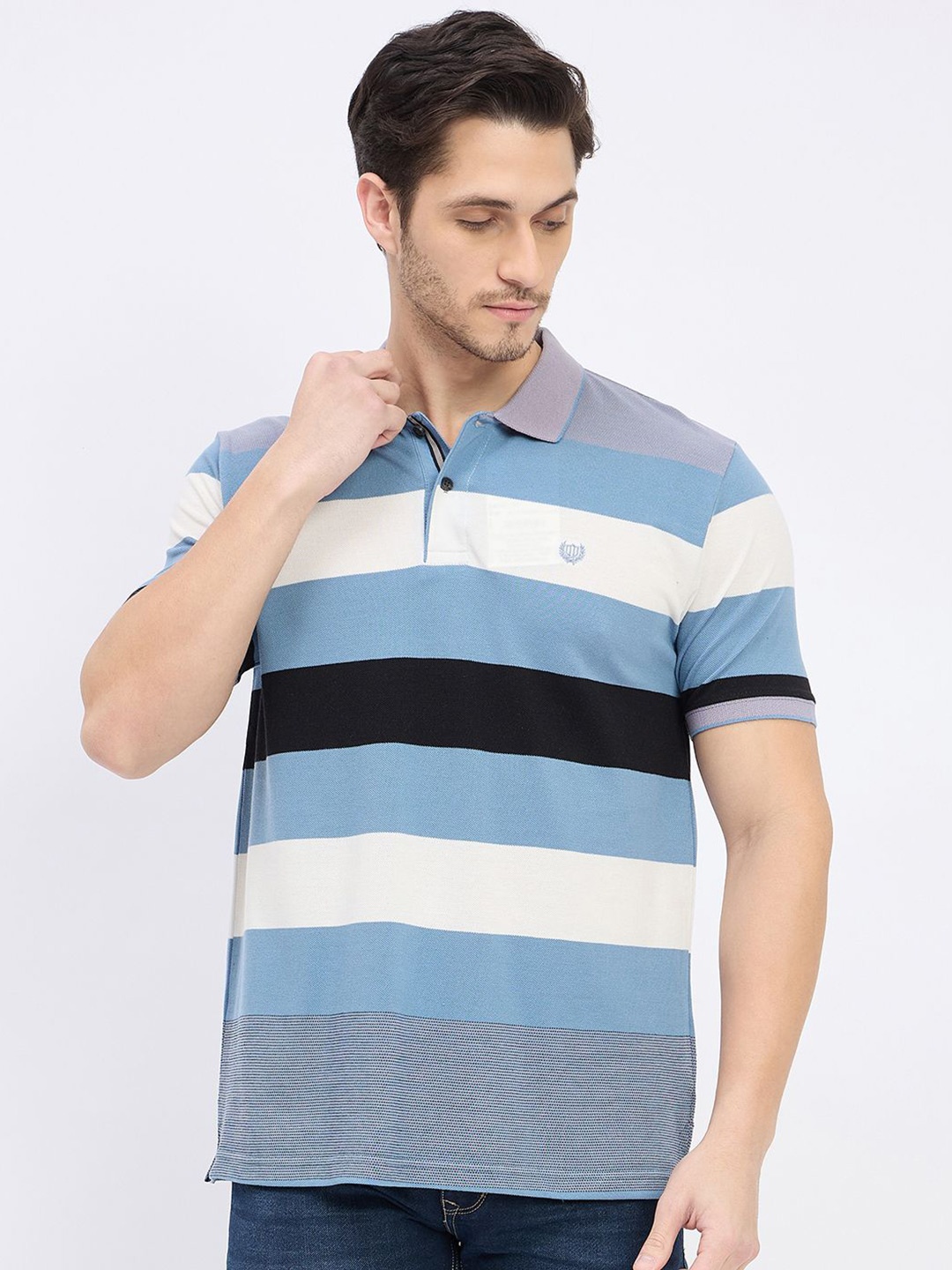 

Duke Striped Polo Collar Short Sleeves Slim Fit Cotton T-shirt, Blue