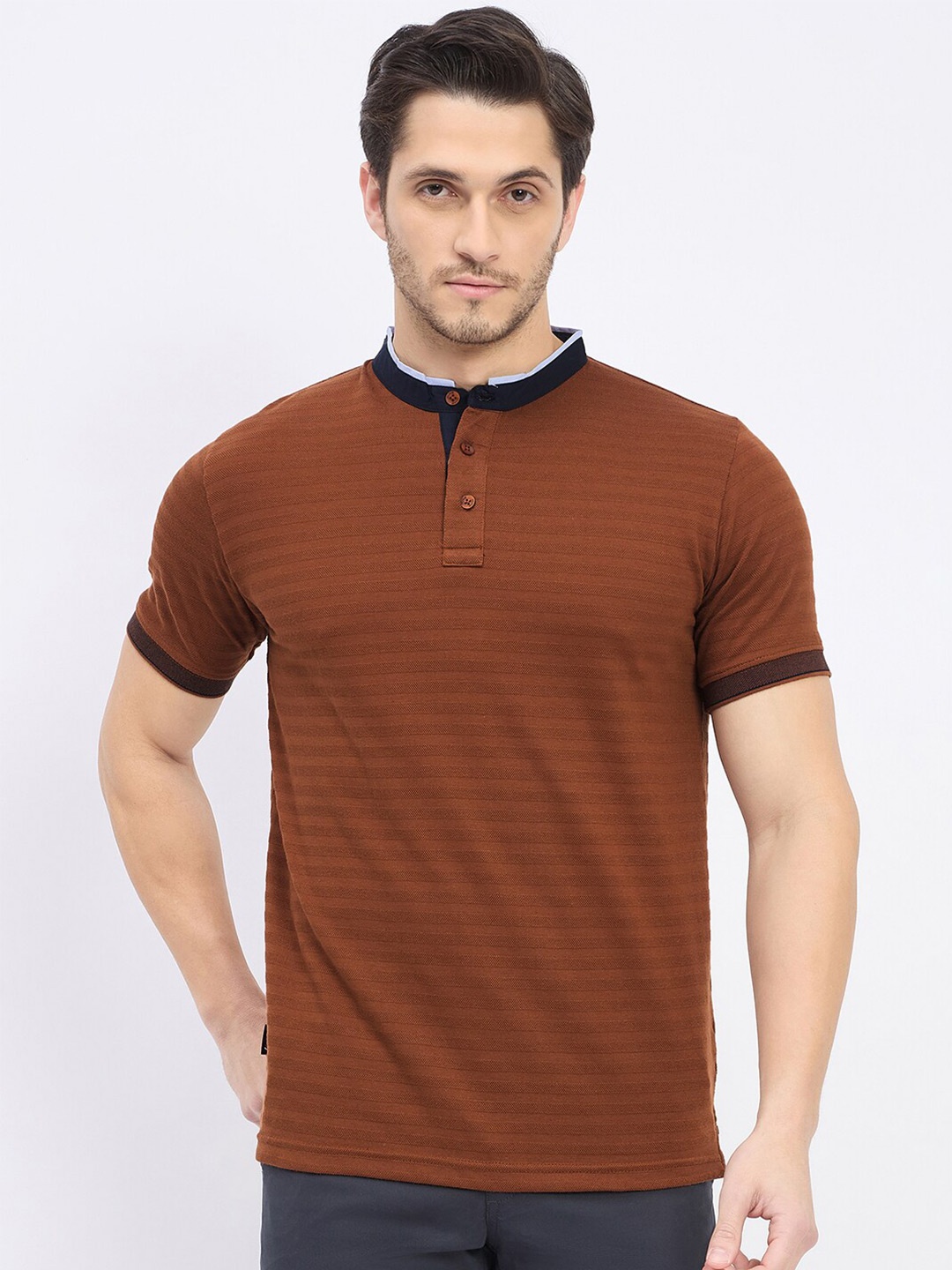 

Duke Men Striped Mandarin Collar Slim Fit T-shirt, Brown