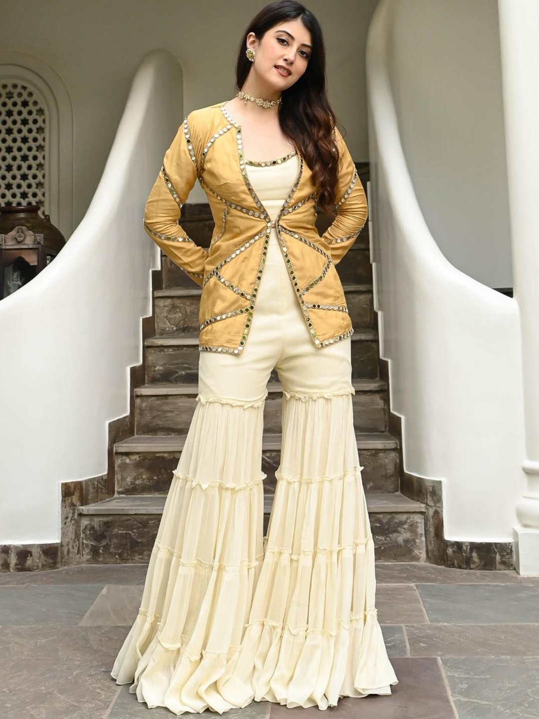 

Urbanstree Embroidered Crop Top With Palazzos & Jacket, Beige