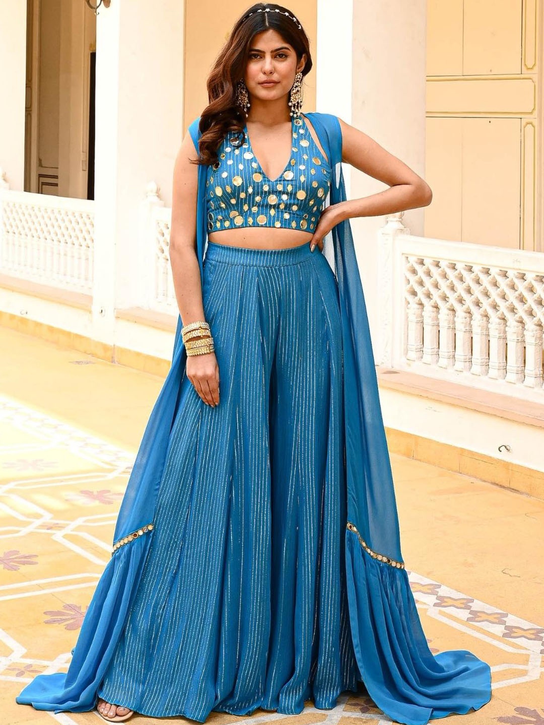 

Urbanstree Embroidered Crop Top With Palazzo & Shrug, Blue