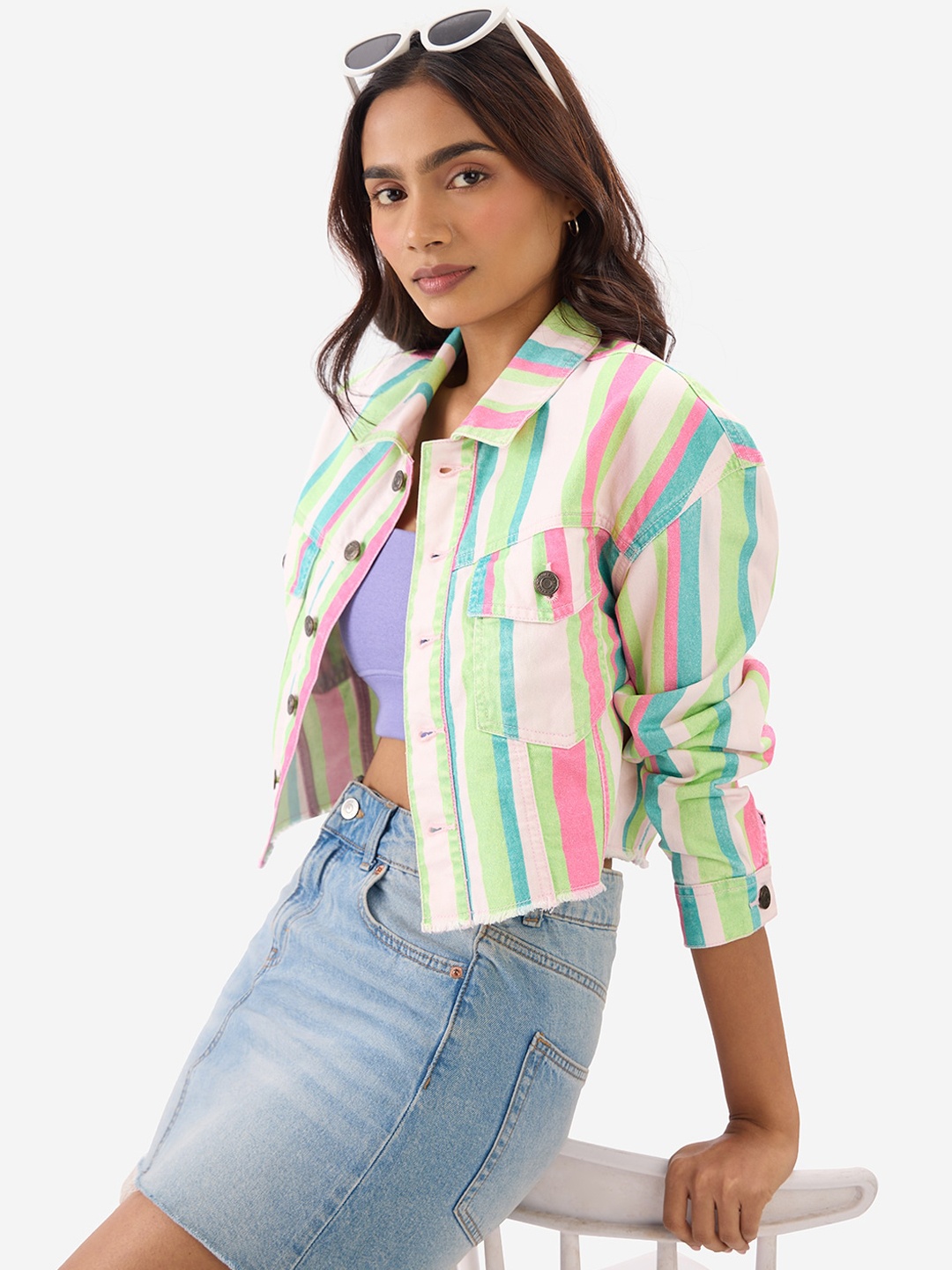 The Souled Store Striped Spread Collar Lightweight Crop Pure Cotton Denim Jacket, Beige
