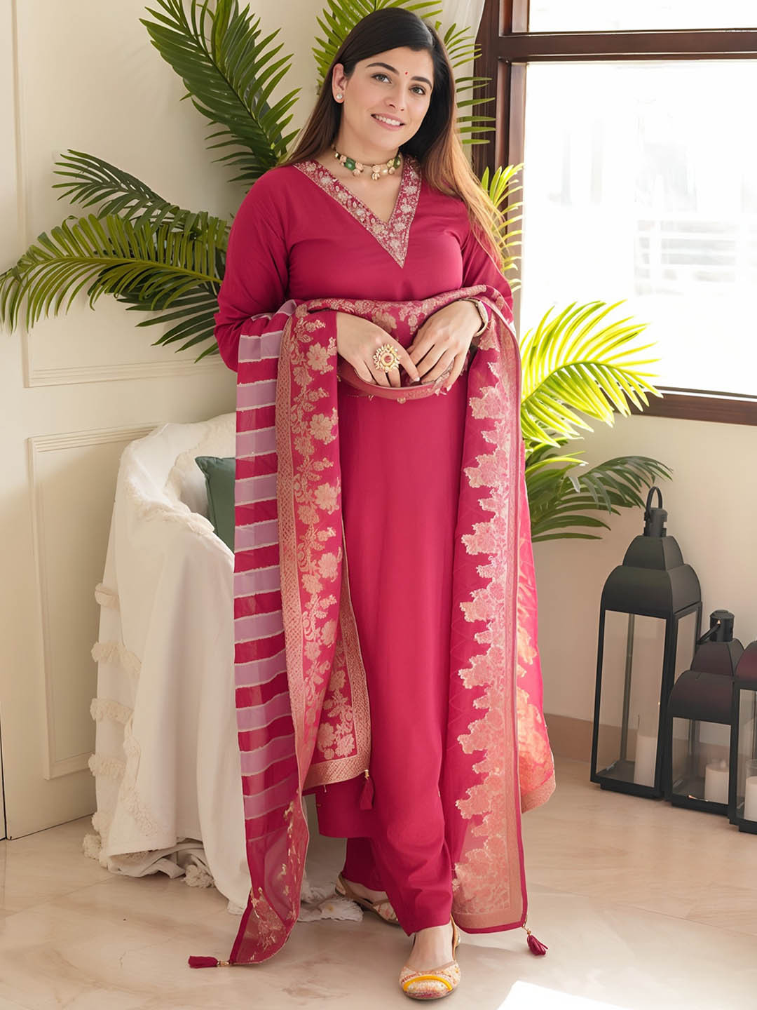 

KALINI Yoke Design Thread Work Straight Kurta With Trousers & Dupatta, Maroon