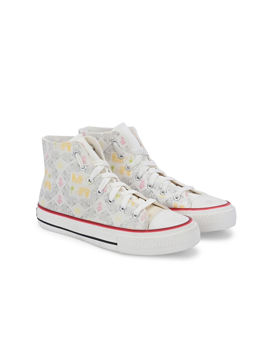 

CROWCIA LONDON Women Printed Round Toe Lightweight Canvas Sneakers, White