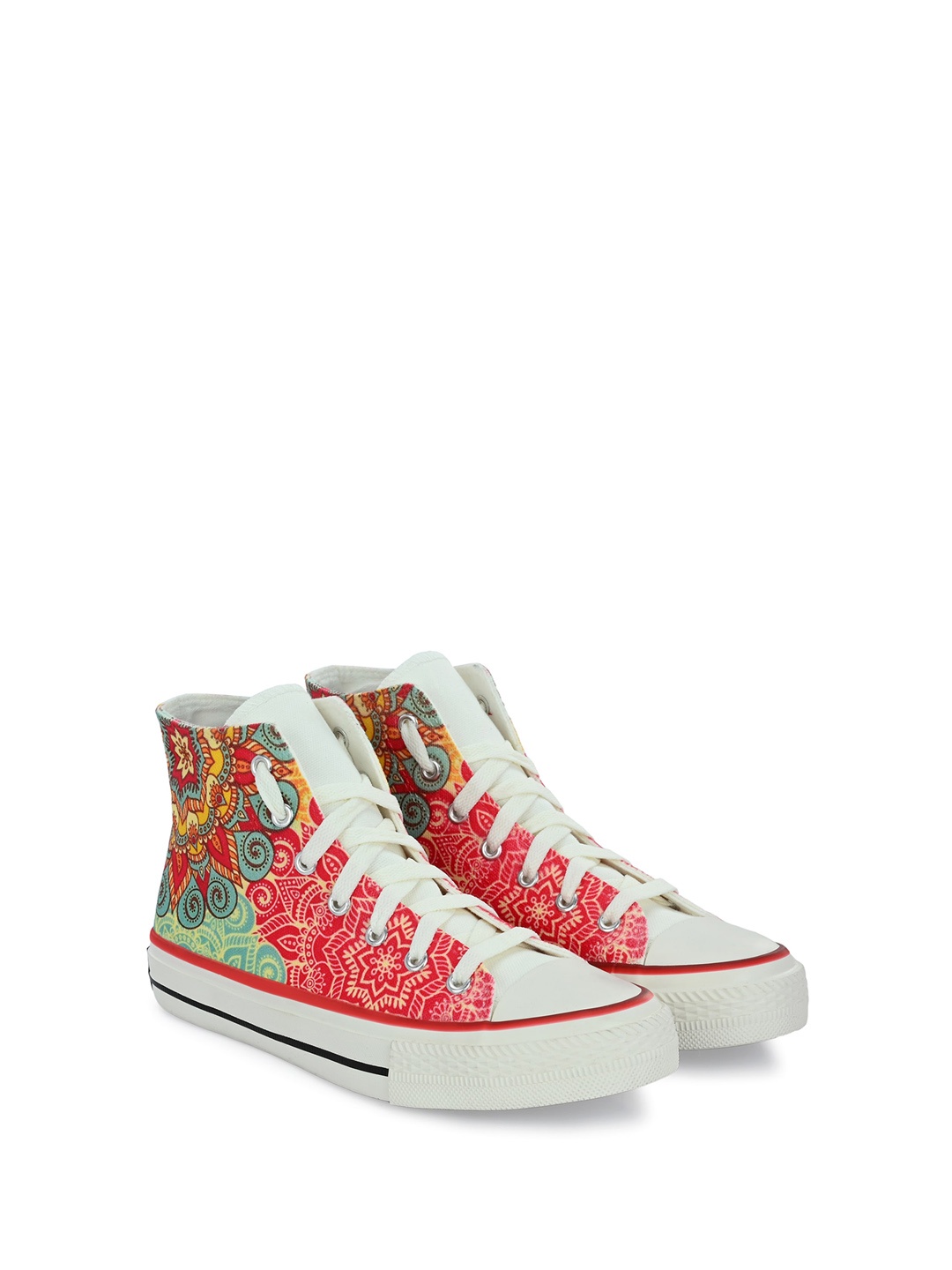 

CROWCIA LONDON Women Printed High-Top Lightweight Canvas Sneakers, Red