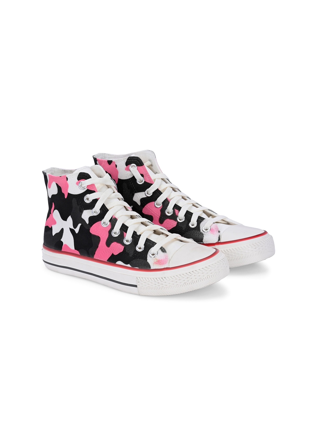 

CROWCIA LONDON Women Printed Round Toe Lightweight Canvas Sneakers, Black