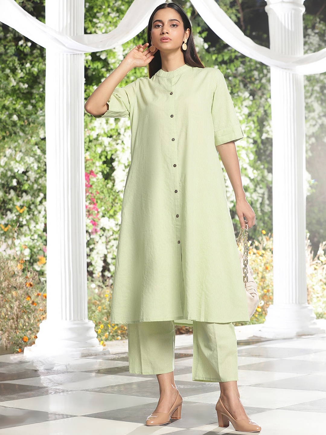 

KALINI Striped Regular Kantha Work Pure Cotton Kurta with Trouser, Lime green