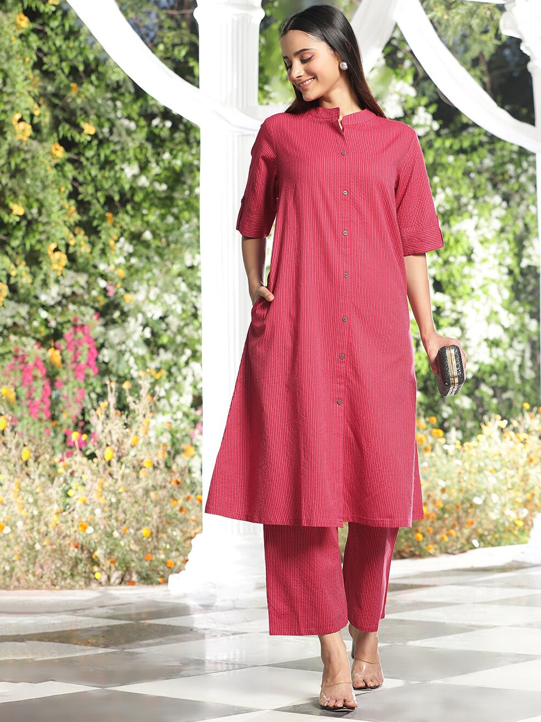 

KALINI Striped Regular Kantha Work Pure Cotton A Line Kurta With Trousers, Maroon