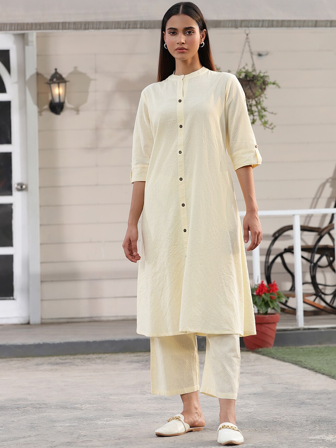 

KALINI Women Striped Regular Kantha Work Pure Cotton Kurta with Trousers, Yellow
