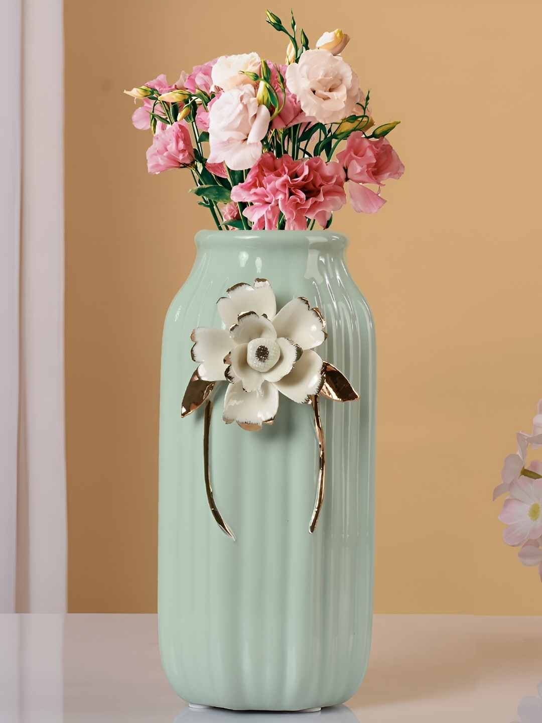 

Aura Green Ceramic Vase with Flower Design