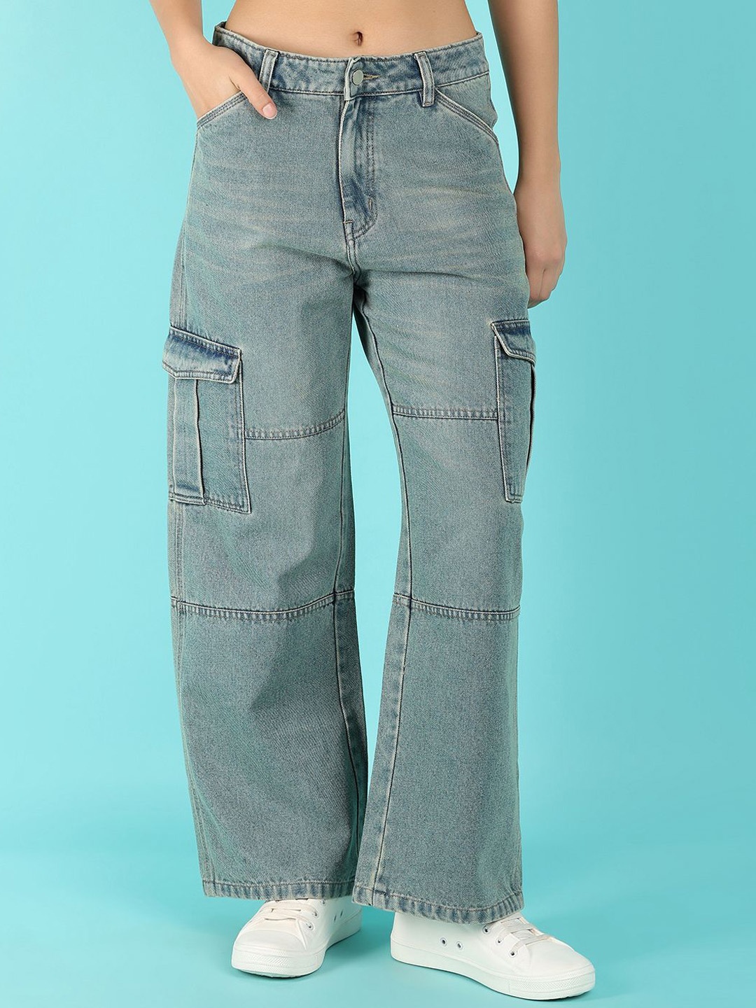 

UNLIMITED Women Hgh-Rise Clean Look Cargo Styles Cotton Jeans, Green