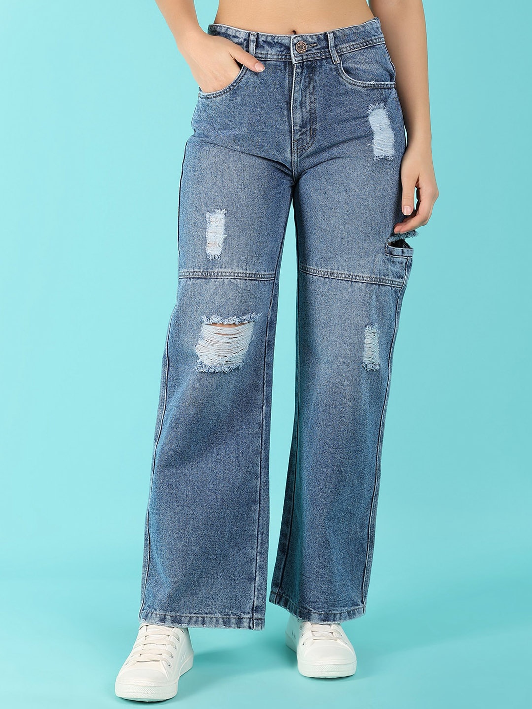 

UNLIMITED Women High-Rise Highly Distressed Heavy Fade Cotton Jeans, Blue