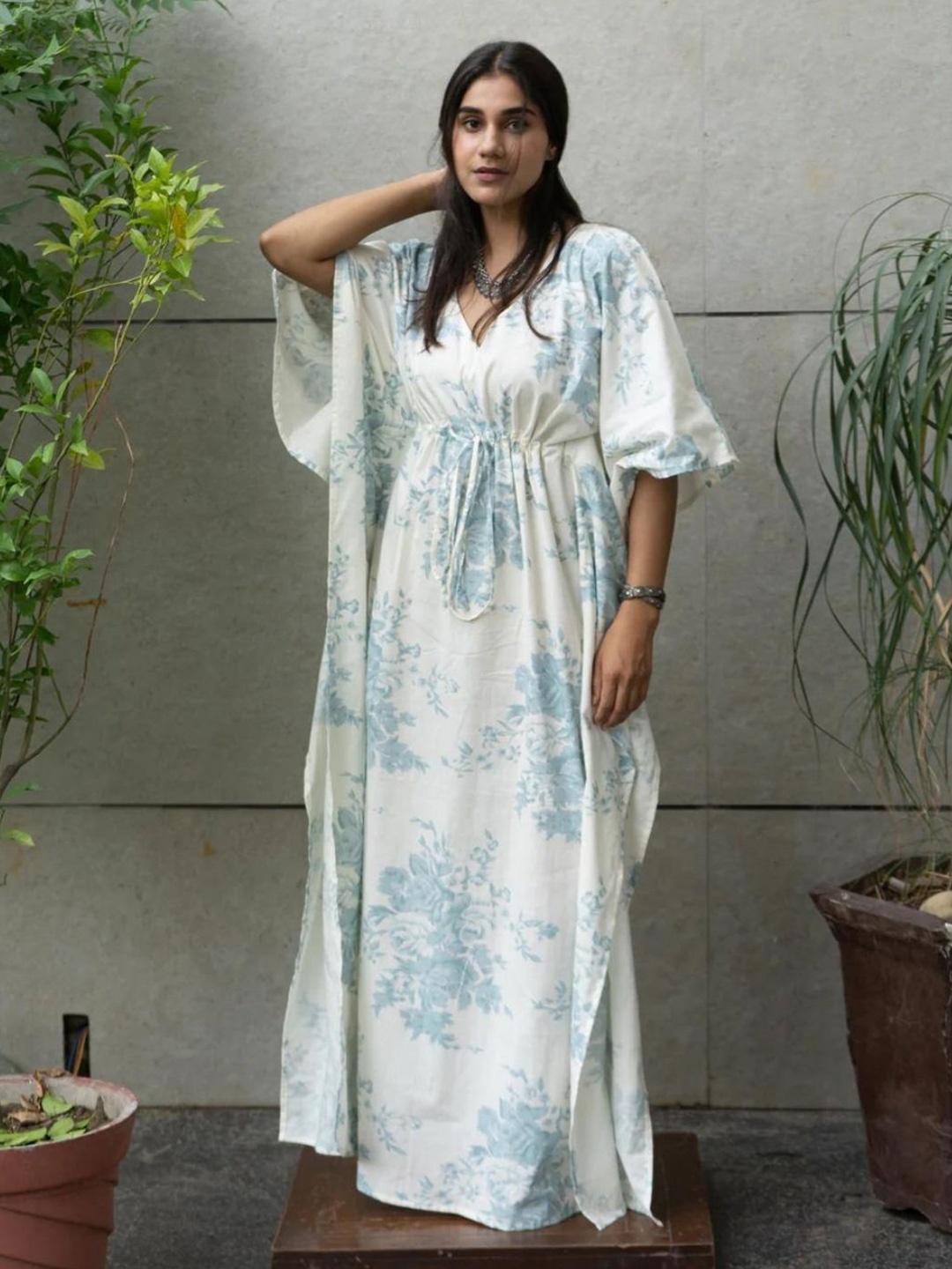 

HEY MISSY Floral Printed Cotton Kaftan Maxi Dress, Blue