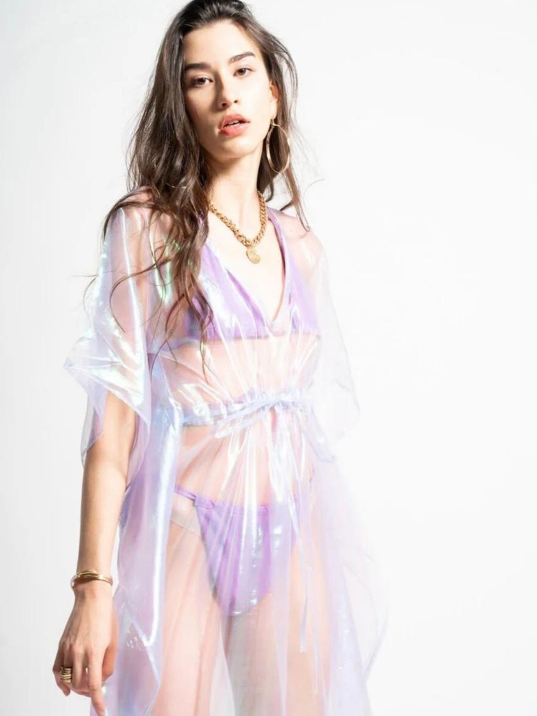 

HEY MISSY V-Neck Flared Sleeves Tie-Ups Detail Maxi Swimwear Cover up Dress, Purple