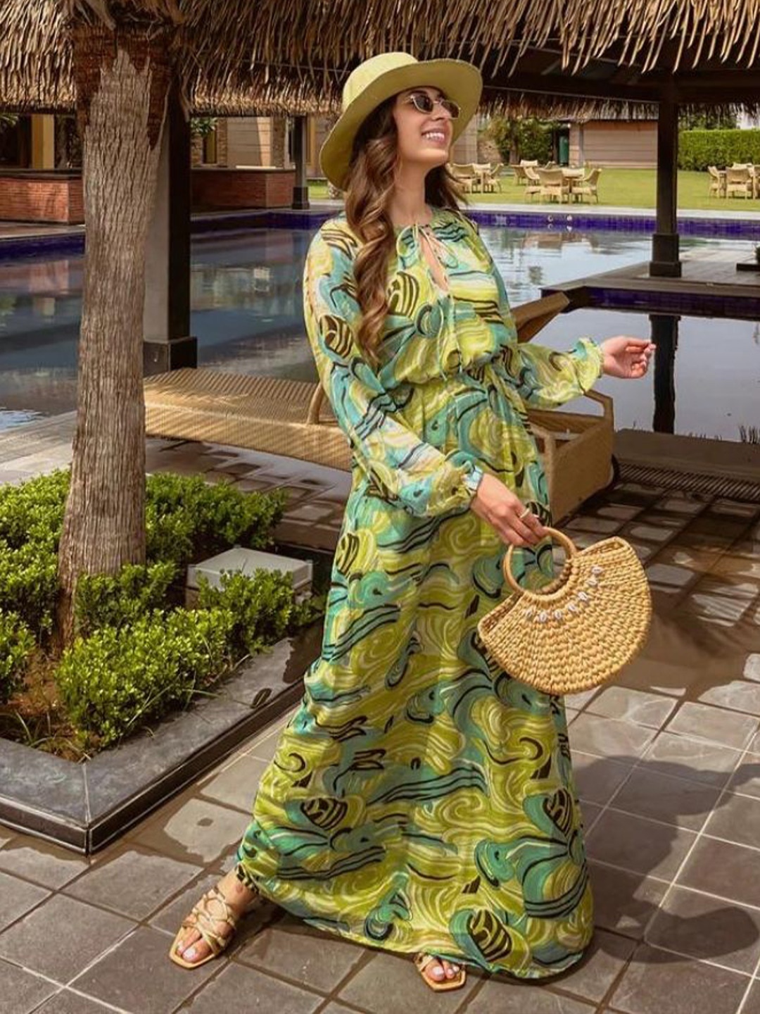 

HEY MISSY Abstract Printed Tie-Up Neck Bishop Sleeves Cut-Outs Chiffon Blouson Maxi Dress, Green