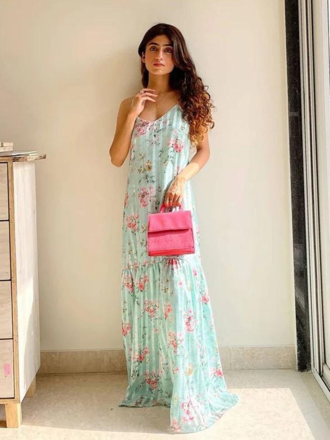 

HEY MISSY Floral Printed Shoulder Straps Chiffon Casual A-Line Maxi Dress, Green