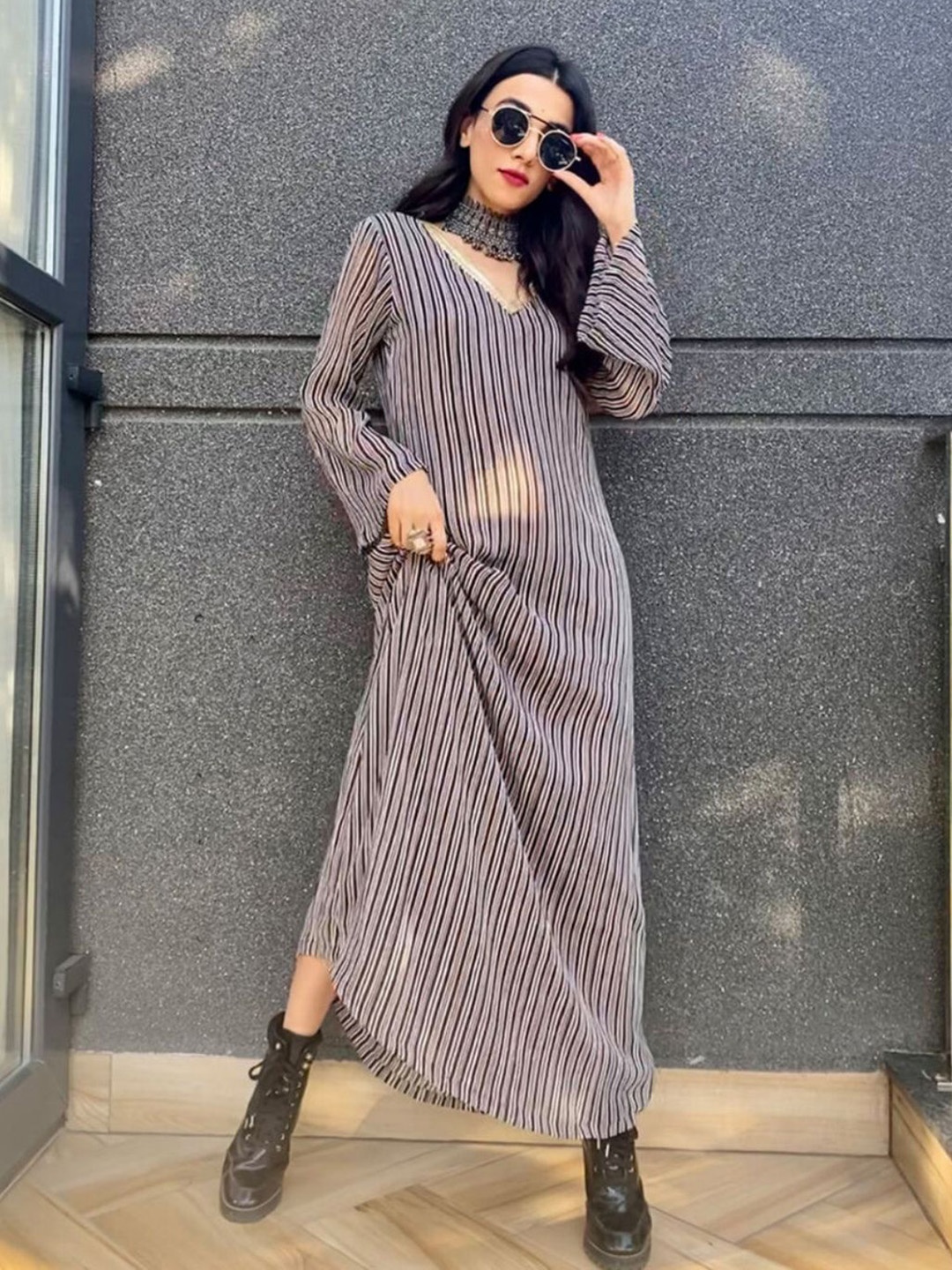

HEY MISSY Striped V-Neck Maxi Dress, Black