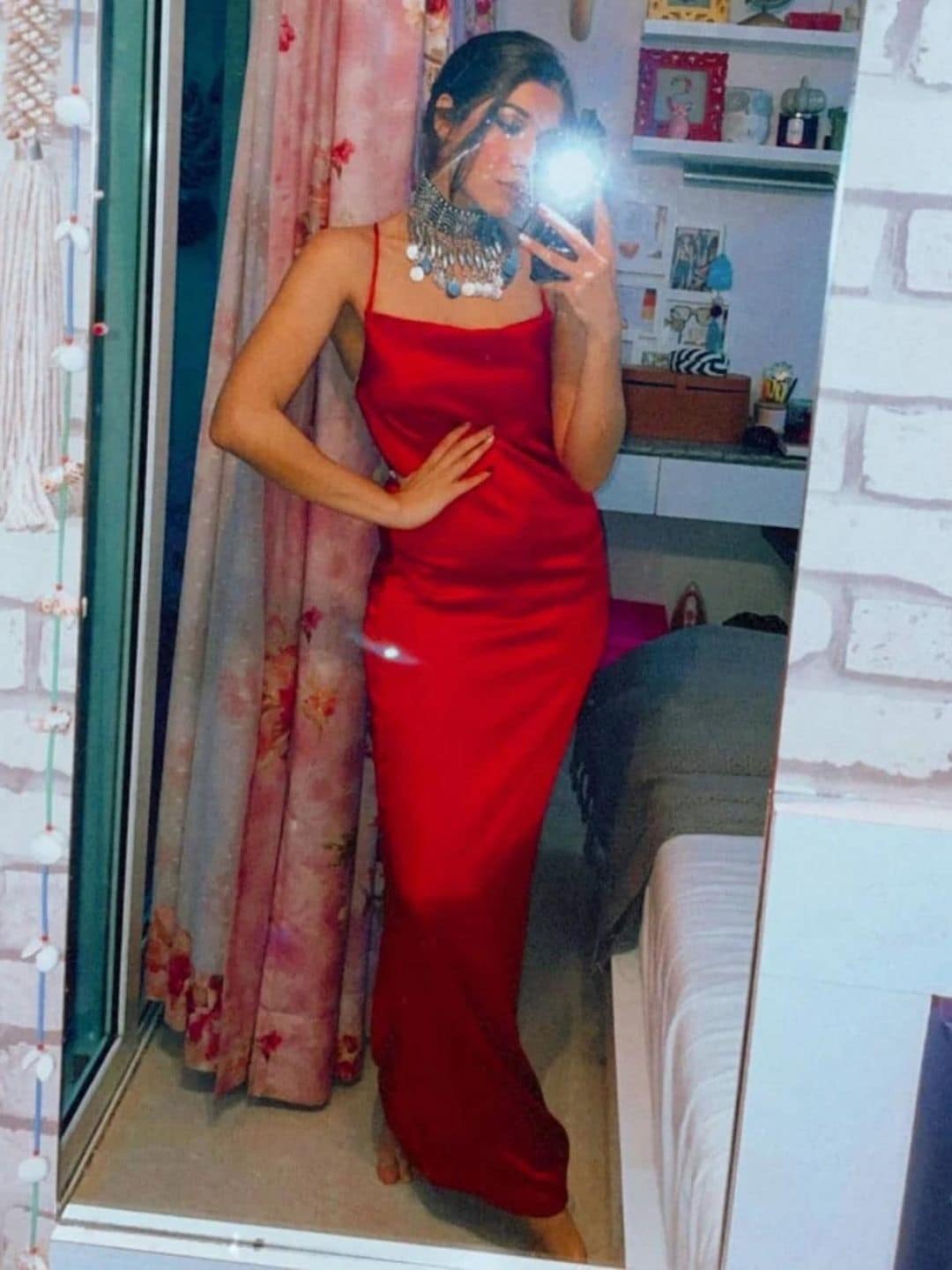 

HEY MISSY Shoulder Straps Satin Bodycon Sheen Maxi Party Dress, Red