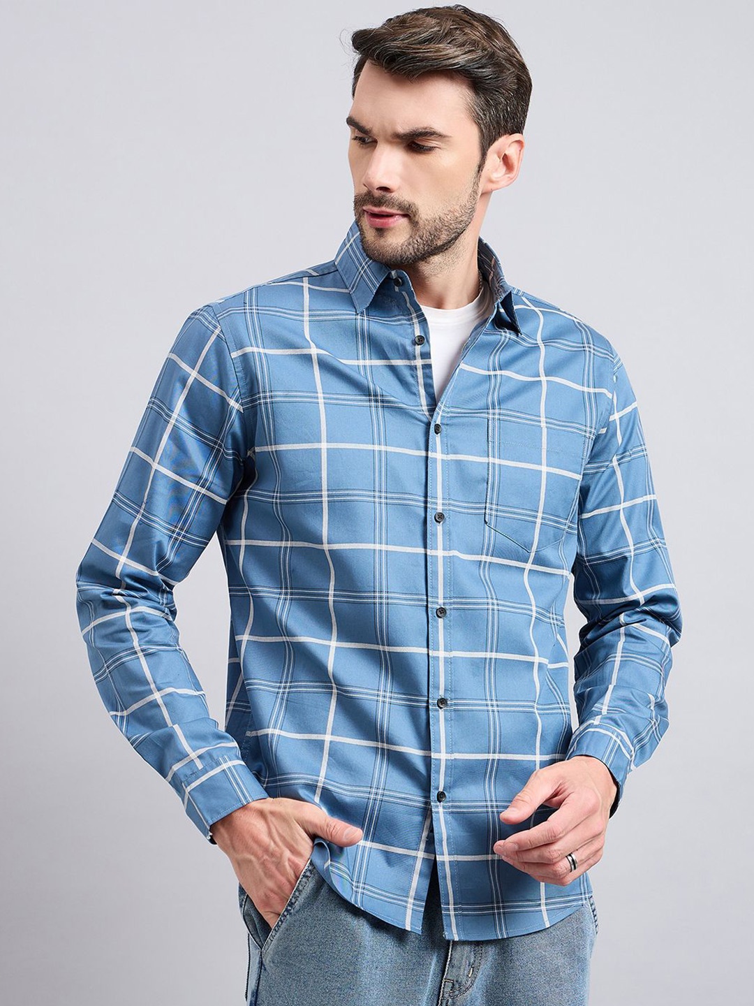 

Style Quotient Slim Fit Tartan Checked Casual Shackets, Blue