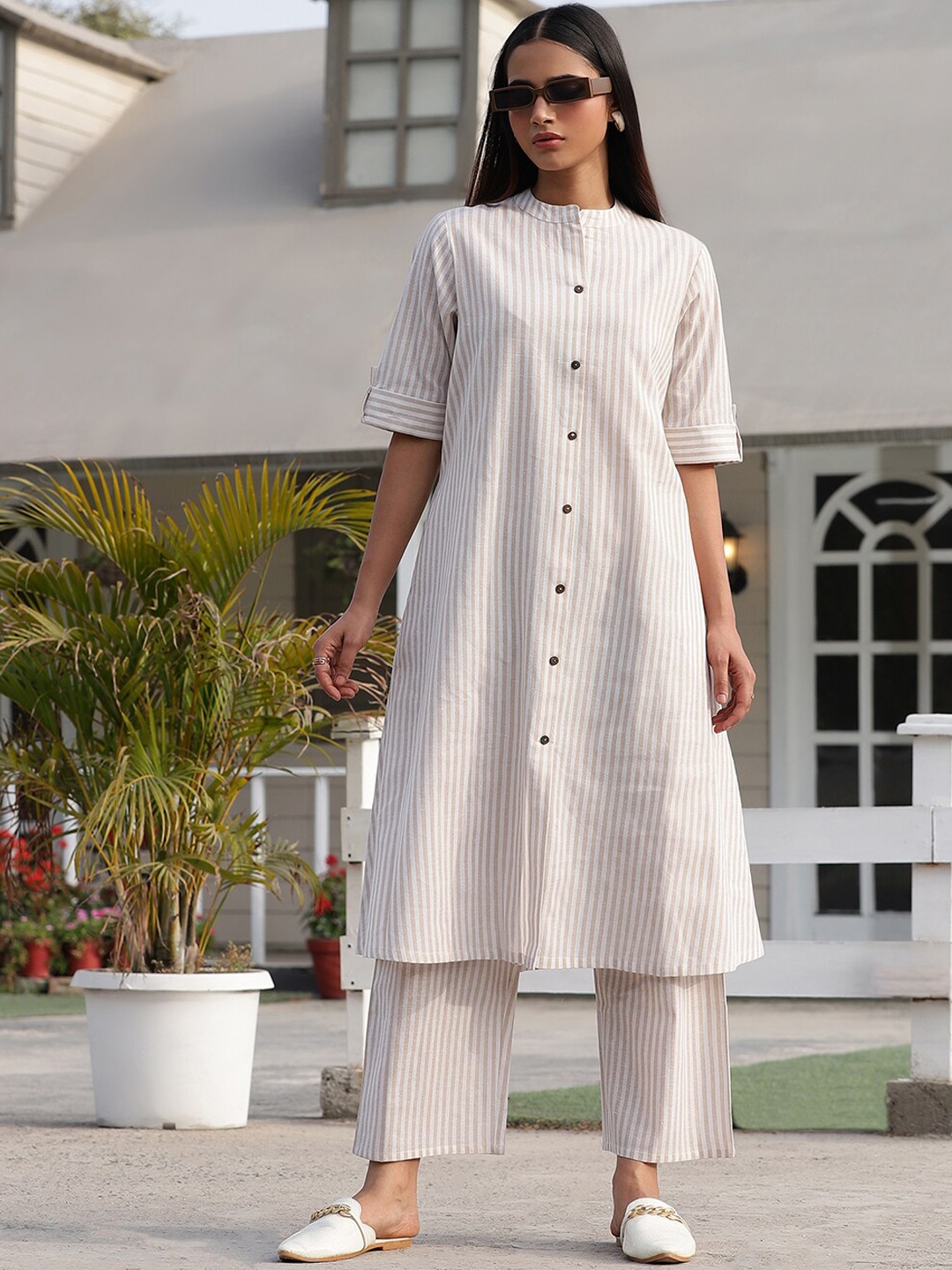 

KALINI Striped Regular Pure Cotton Kurta with Trouser, Cream