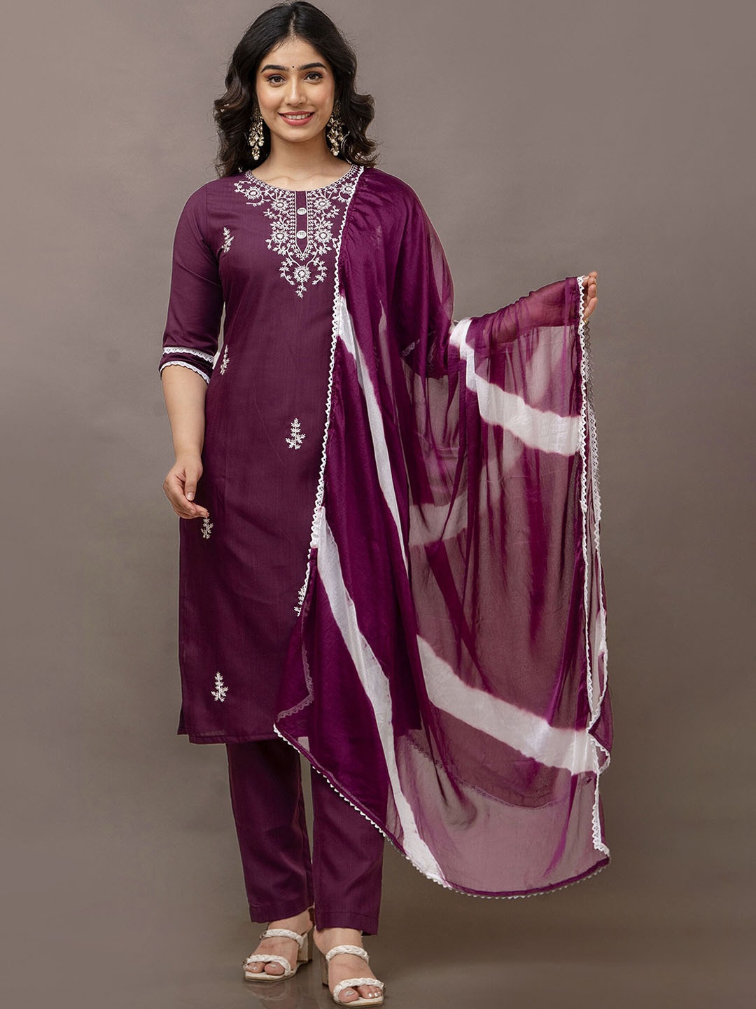 

KRISKA Ethnic Motifs Round Neck Three-Quarter Sleeves Kurta with Trousers & With Dupatta, Brown