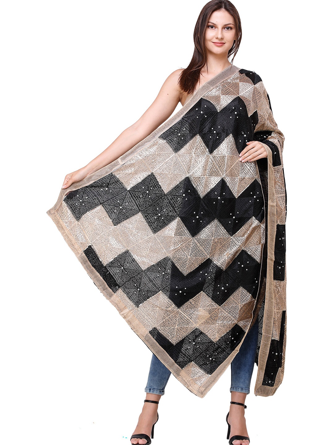 

Exotic India Embroidered Art Silk Dupatta with Phulkari, Black
