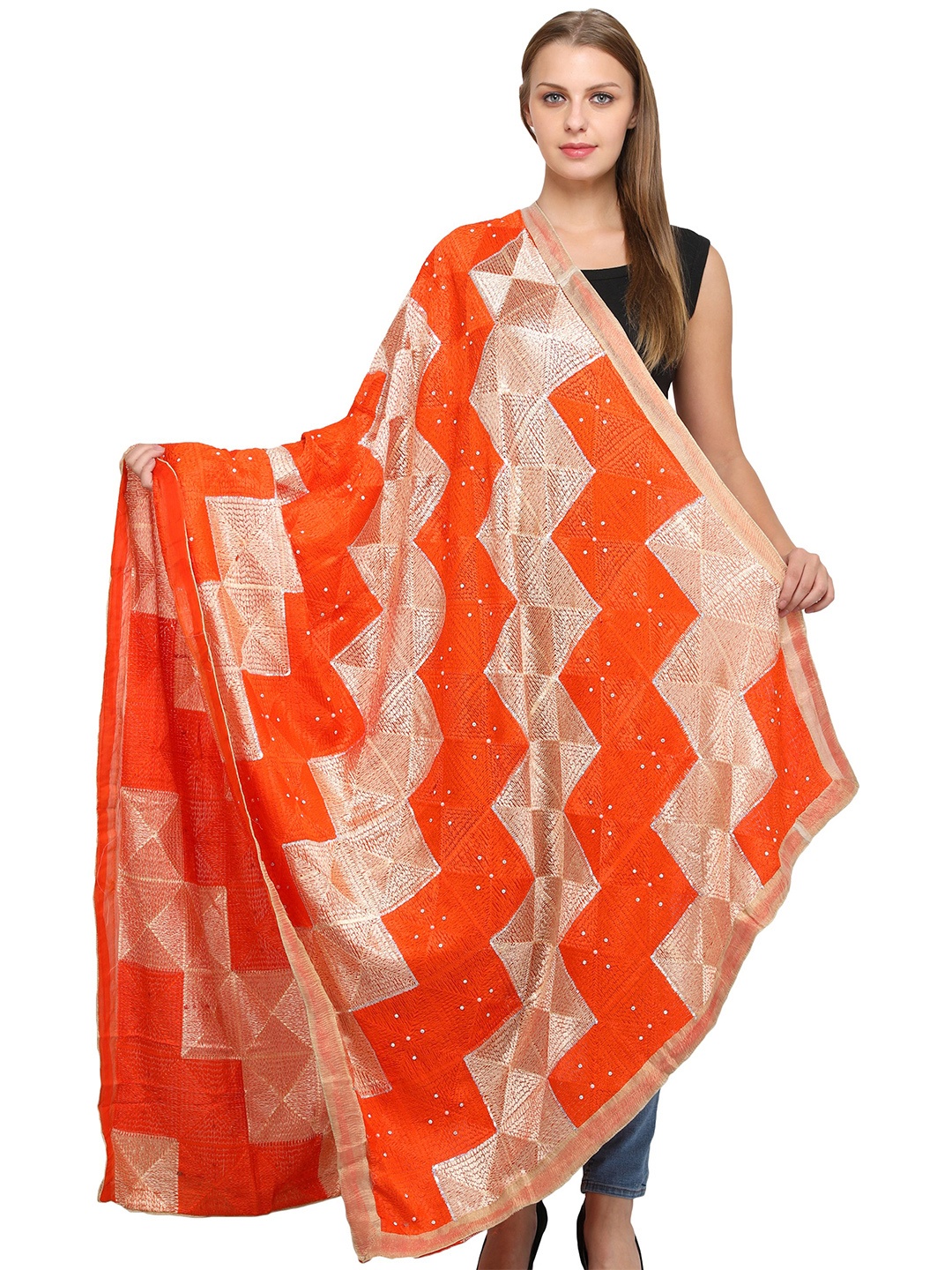 

Exotic India Tigerlily Phulkari Art Silk Dupatta with Sequins and Gota Border, Orange