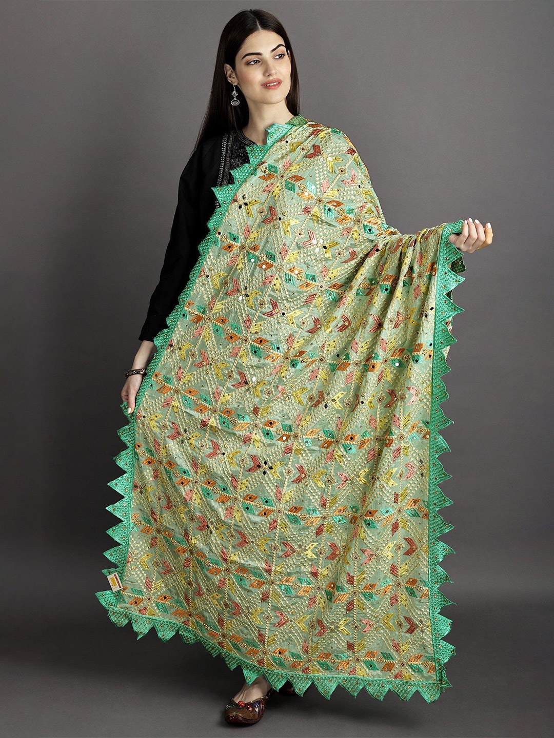 

Exotic India Embroidered Dupatta with Phulkari, Green