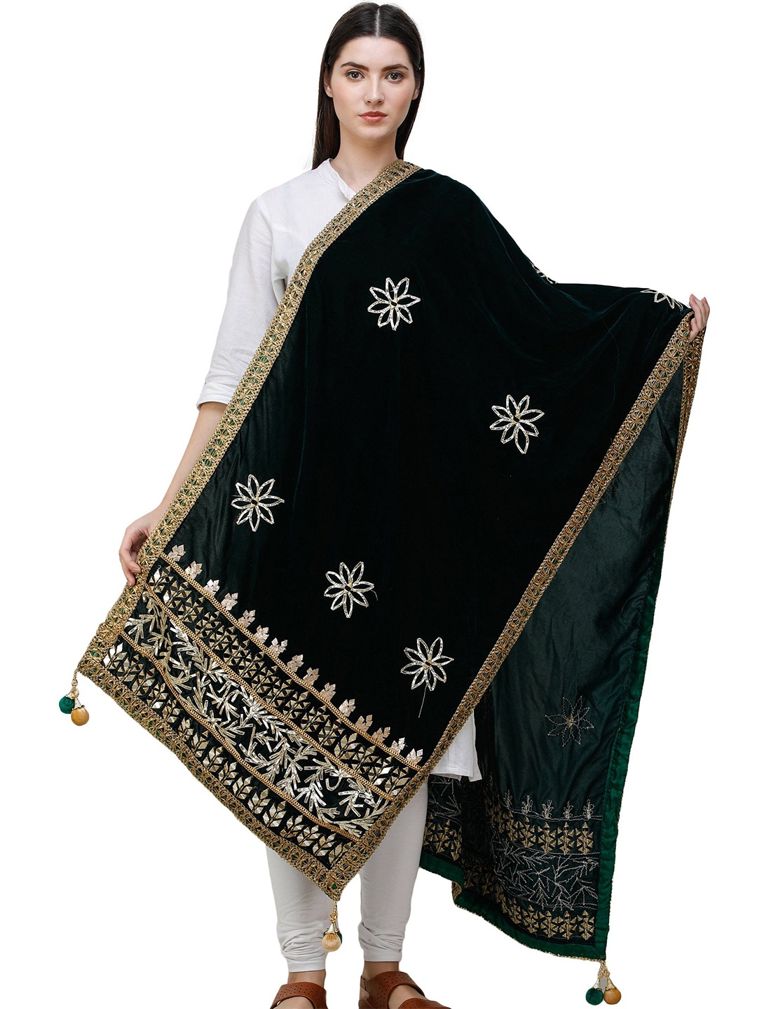 

Exotic India Ethnic Motifs Embroidered Velvet Dupatta with Mirror Work, Green