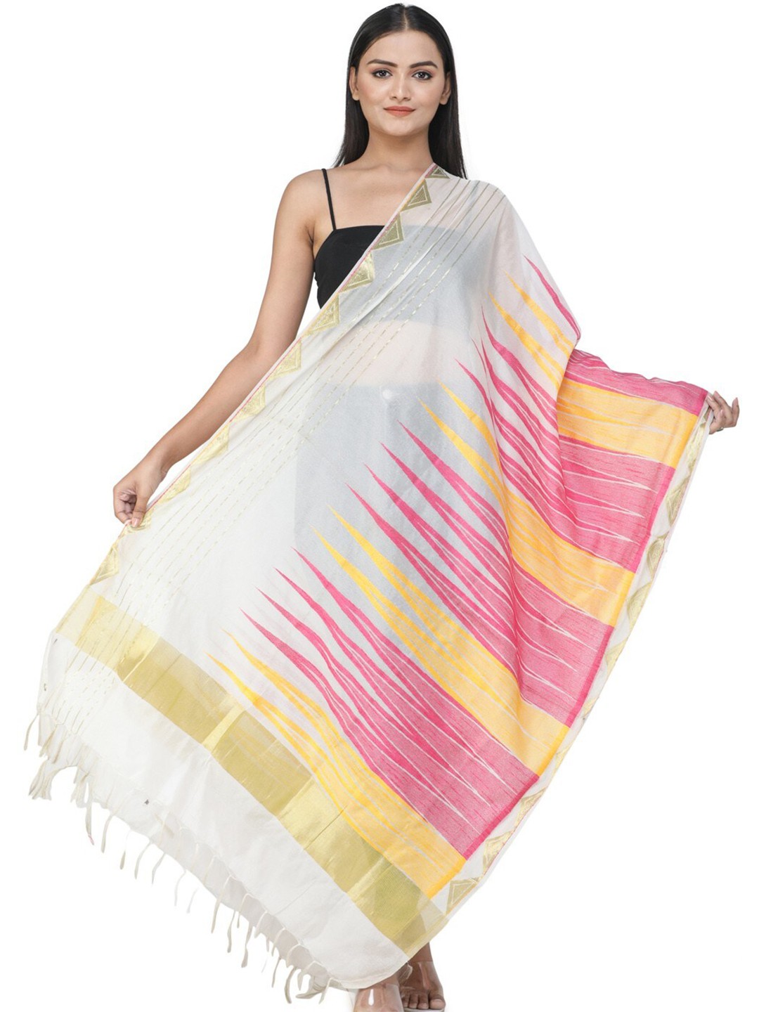 

Exotic India Woven Design Art Silk Dupatta with Zari, White