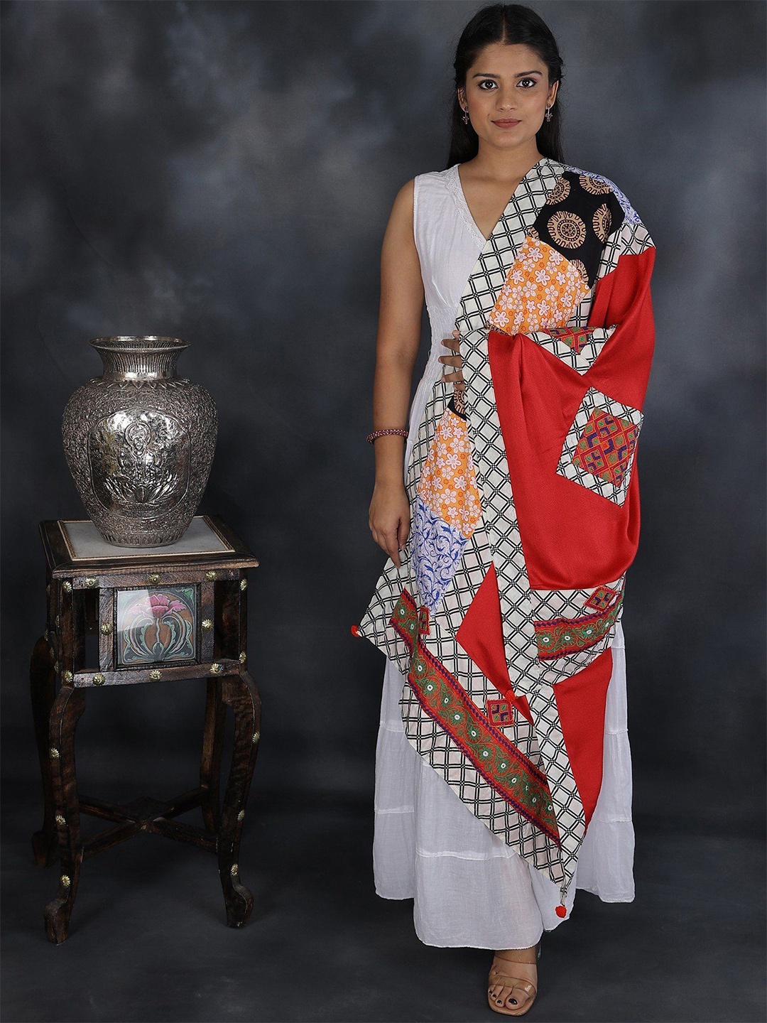 

Exotic India Printed Pure Cotton Dupatta with Patchwork, Red