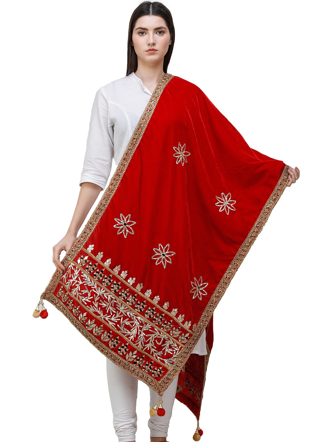 

Exotic India Velvet Dupatta Embellished with Gota Patches on Border and Mirrors, Red