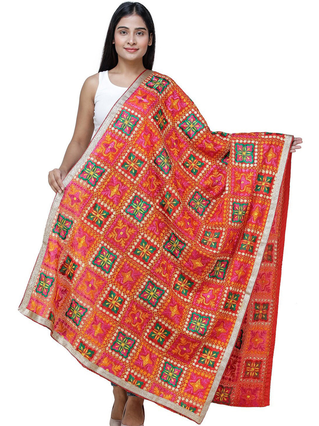 

Exotic India Red Phulkari Silk Dupatta with Multicolor Floral Pattern and Zari Border