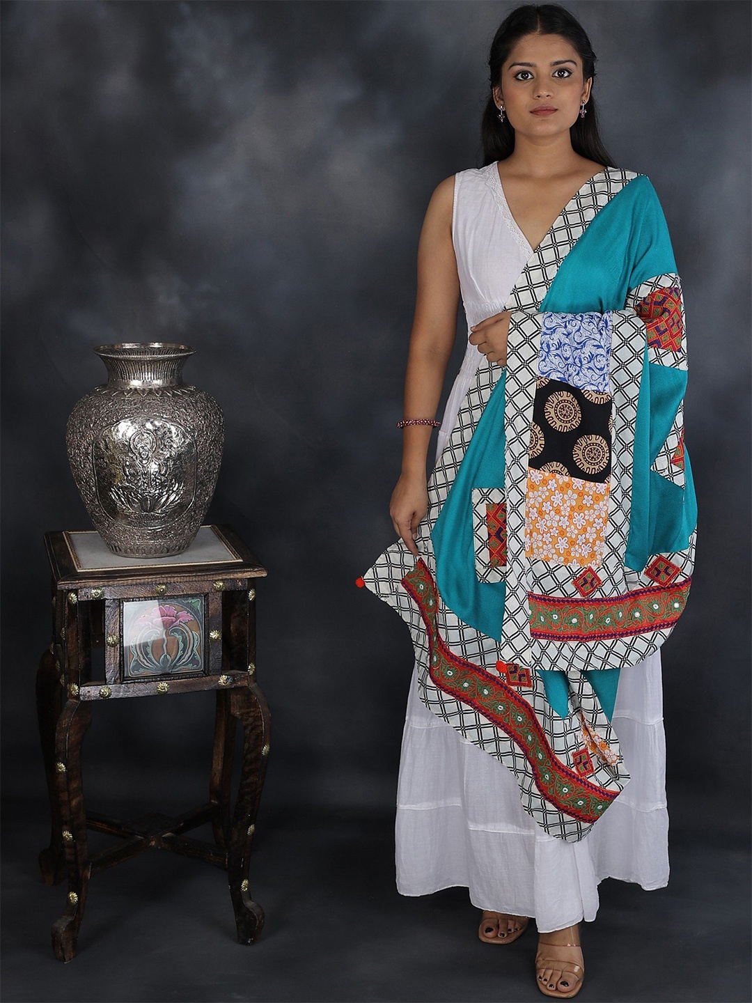 

Exotic India Tropical Green Dupatta with Embroidered Patchwork and Printed Borders