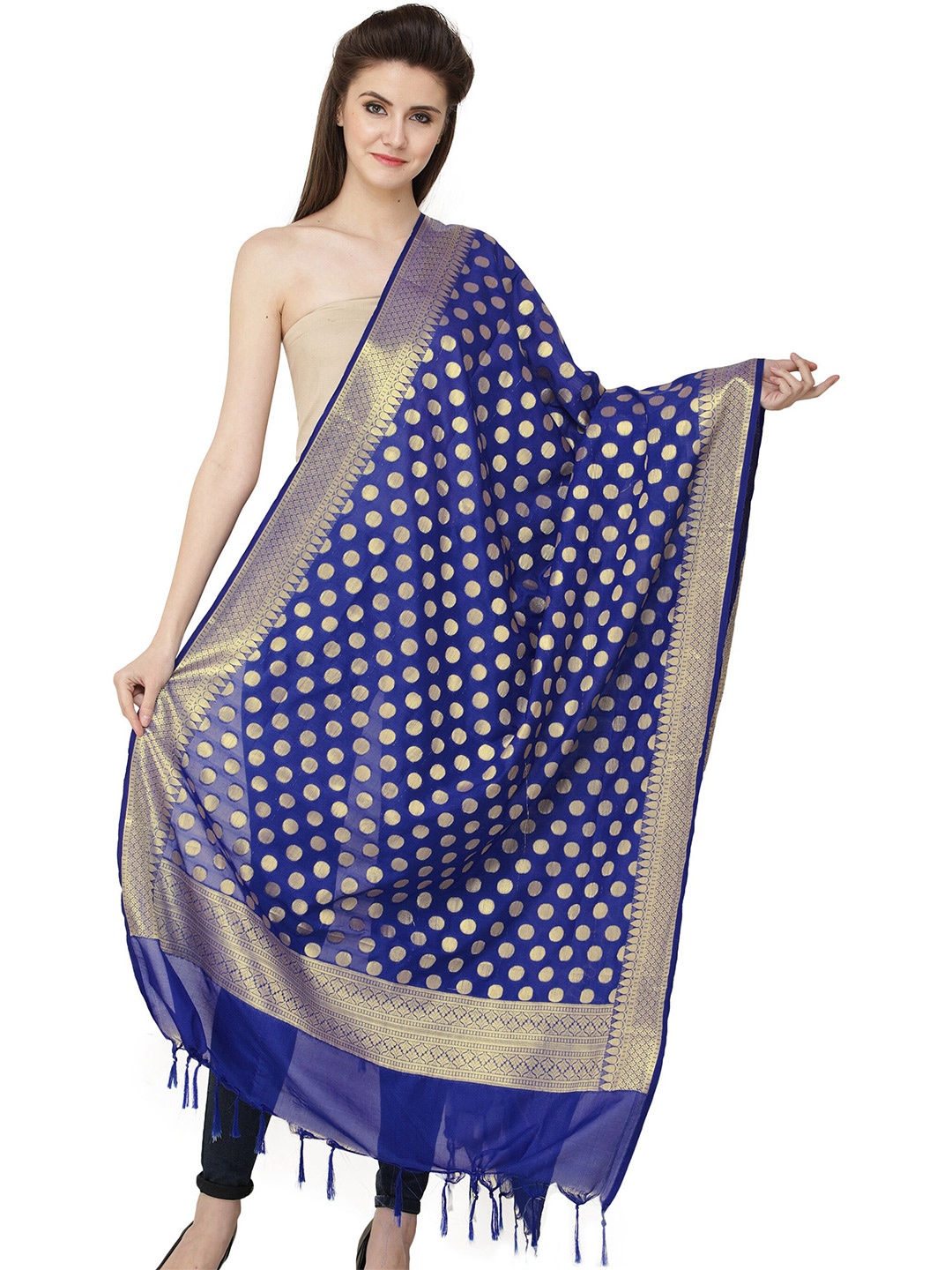 

Exotic India Polka Dots Woven Design Dupatta with Zari, Navy blue