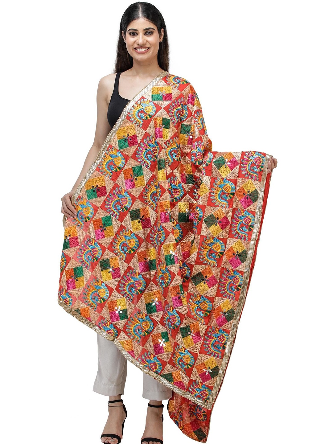 

Exotic India Ethnic Motifs Embroidered Art Silk Dupatta with Phulkari, Red