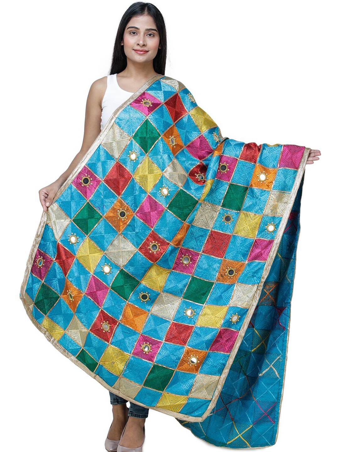 

Exotic India Multicolor Embroidered Phulkari Dupatta with Mirrors and Beaded Zari Border, Blue