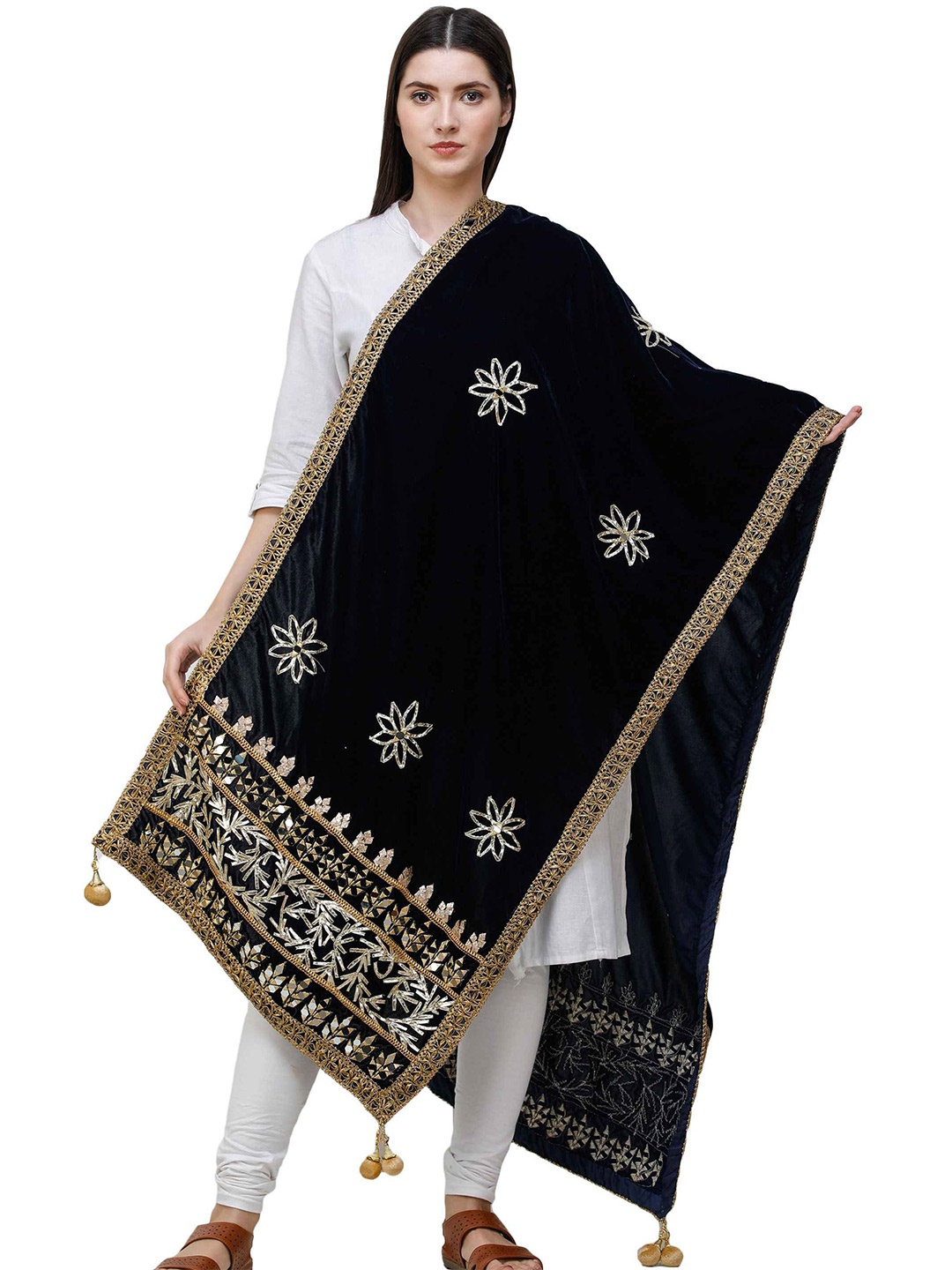 

Exotic India Ethnic Motifs Embroidered Velvet Dupatta with Mirror Work, Navy blue