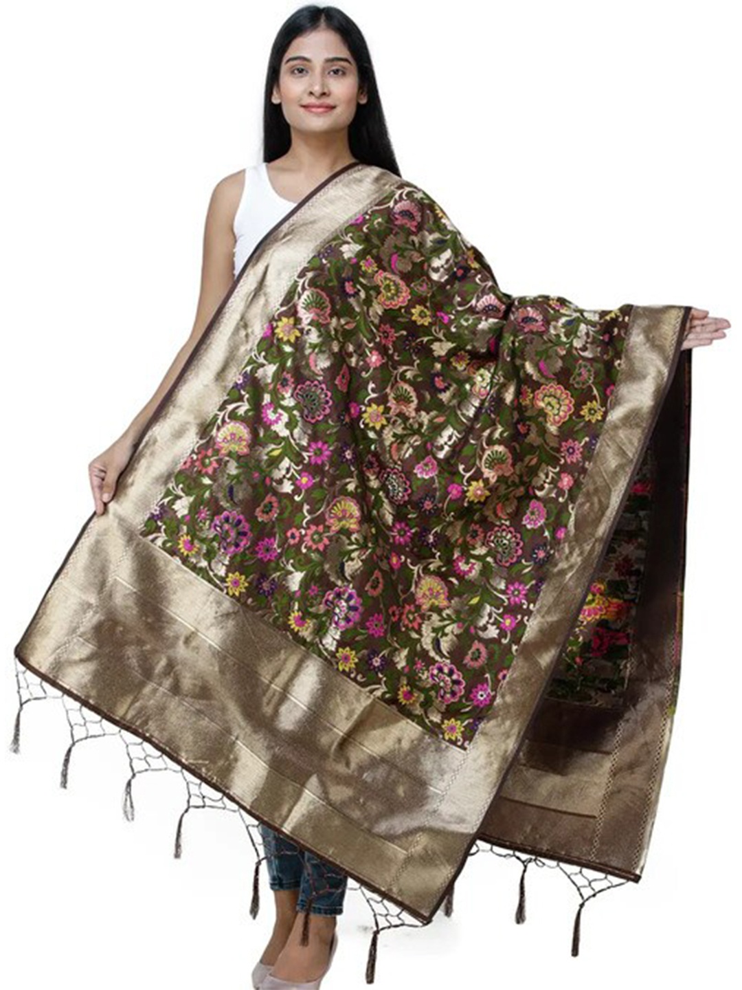 

Exotic India Tiramisu Brocade Art Silk Dupatta with Woven Floral Motifs All-Over, Brown