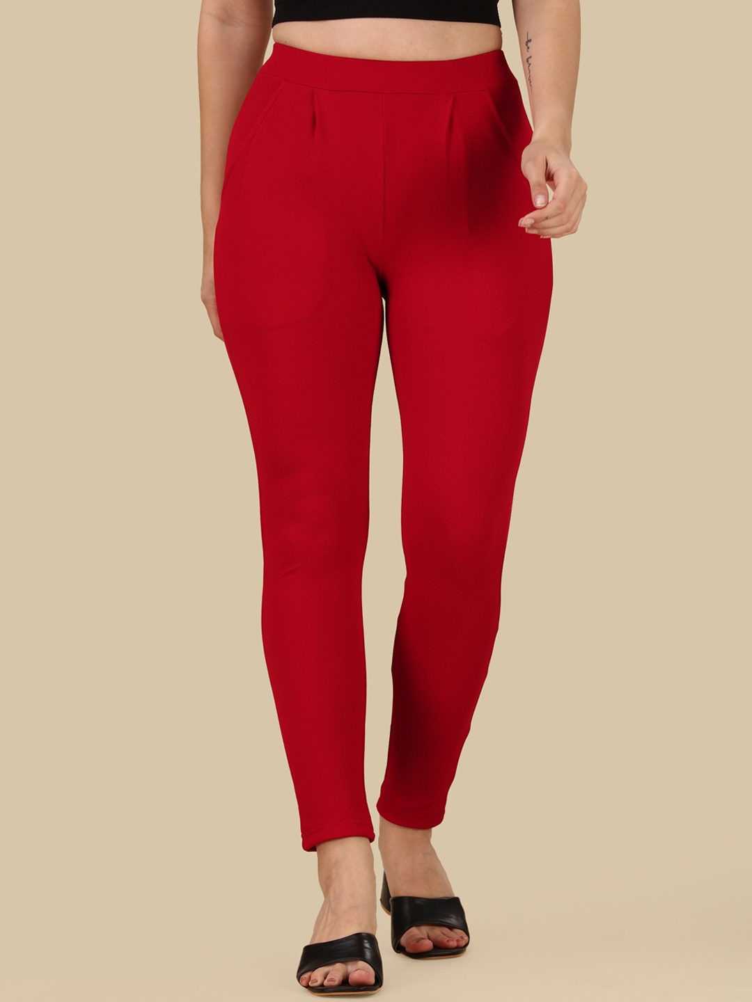 

KALINI Women Mid Rise Relaxed Pleated Trousers, Red