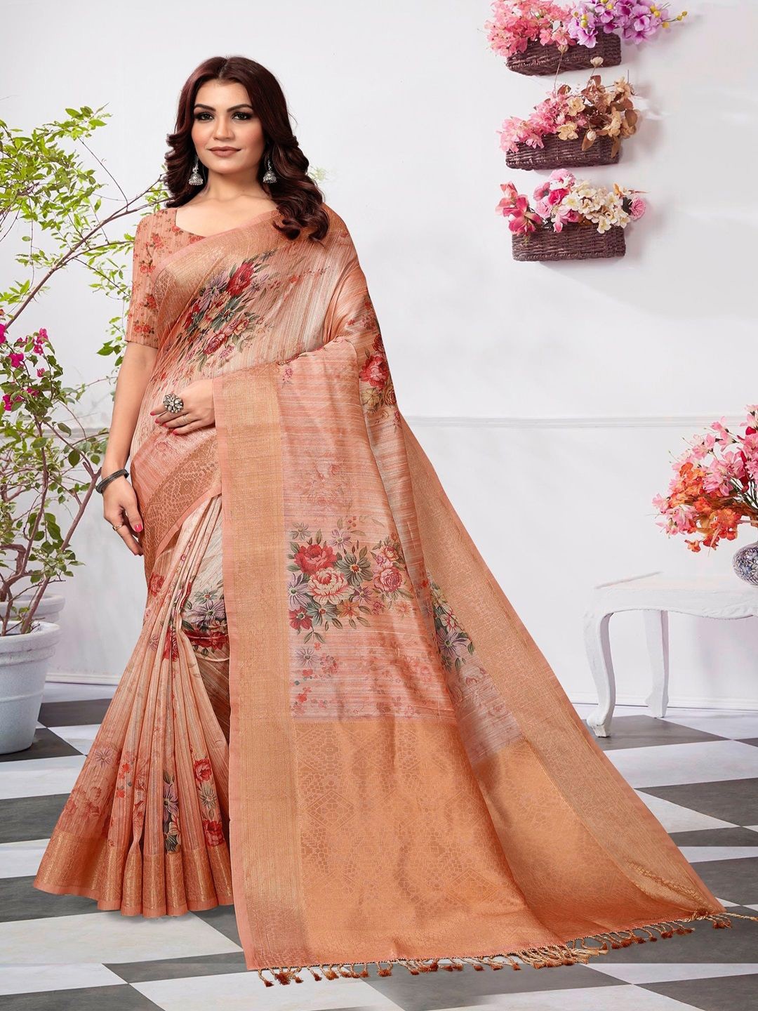 

ARYZE Floral Zari Saree, Rust
