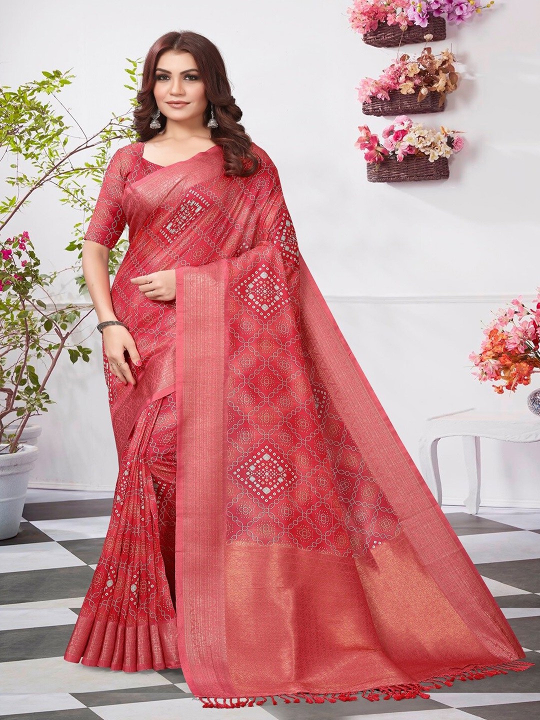 

ARYZE Bandhani Art Silk Saree, Pink