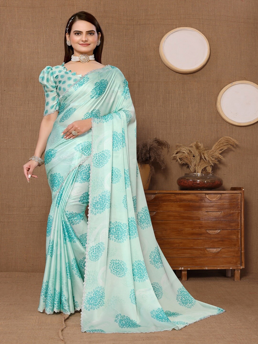 

ARYZE Floral Beads and Stones Satin Saree, Turquoise blue