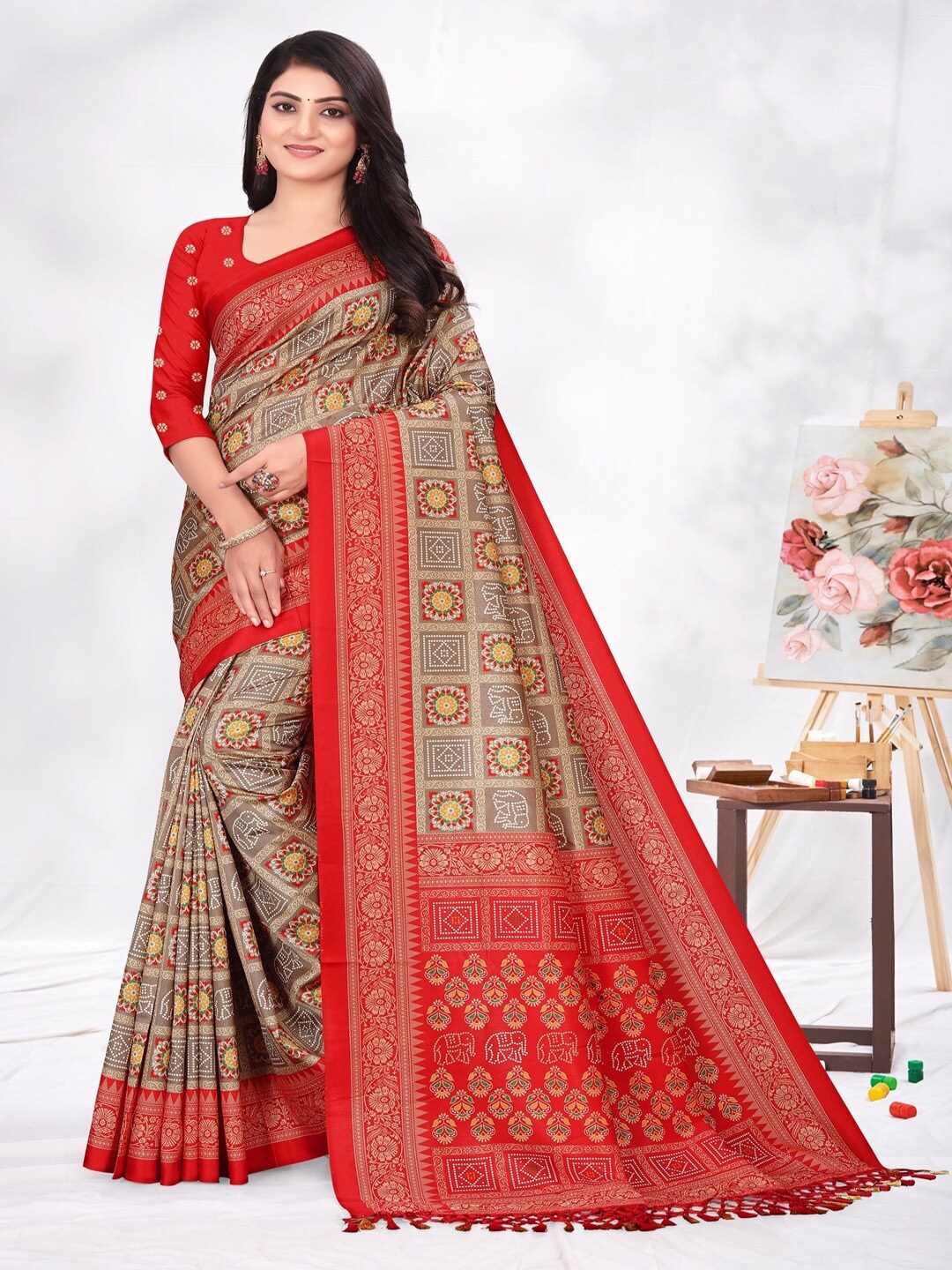 

ARYZE Floral Art Silk Saree, Grey