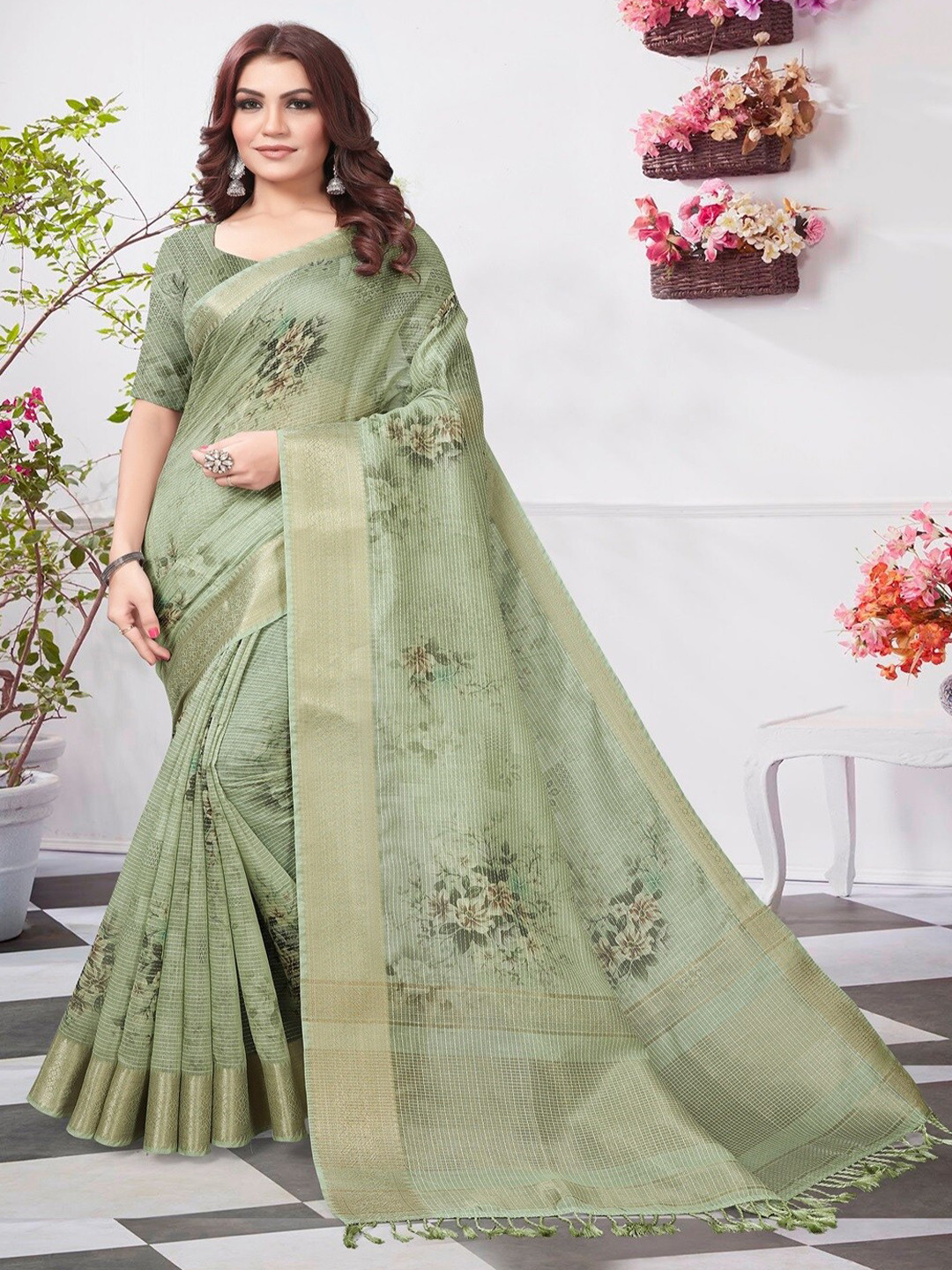 

ARYZE Ethnic Motifs Zari Silk Cotton Saree, Green