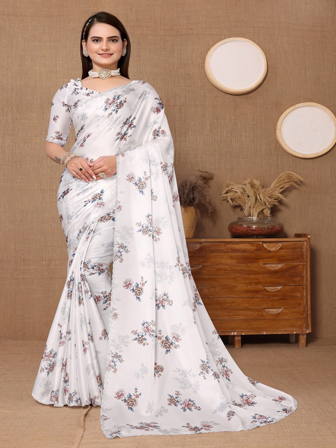 

ARYZE Floral Beads and Stones Satin Saree, White