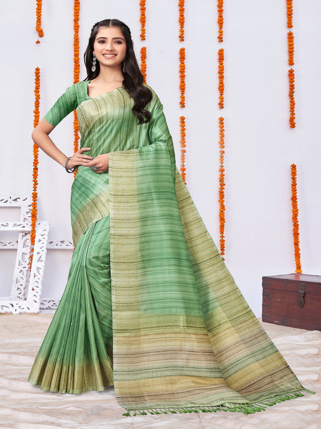 

ARYZE Striped Silk Blend Saree, Green