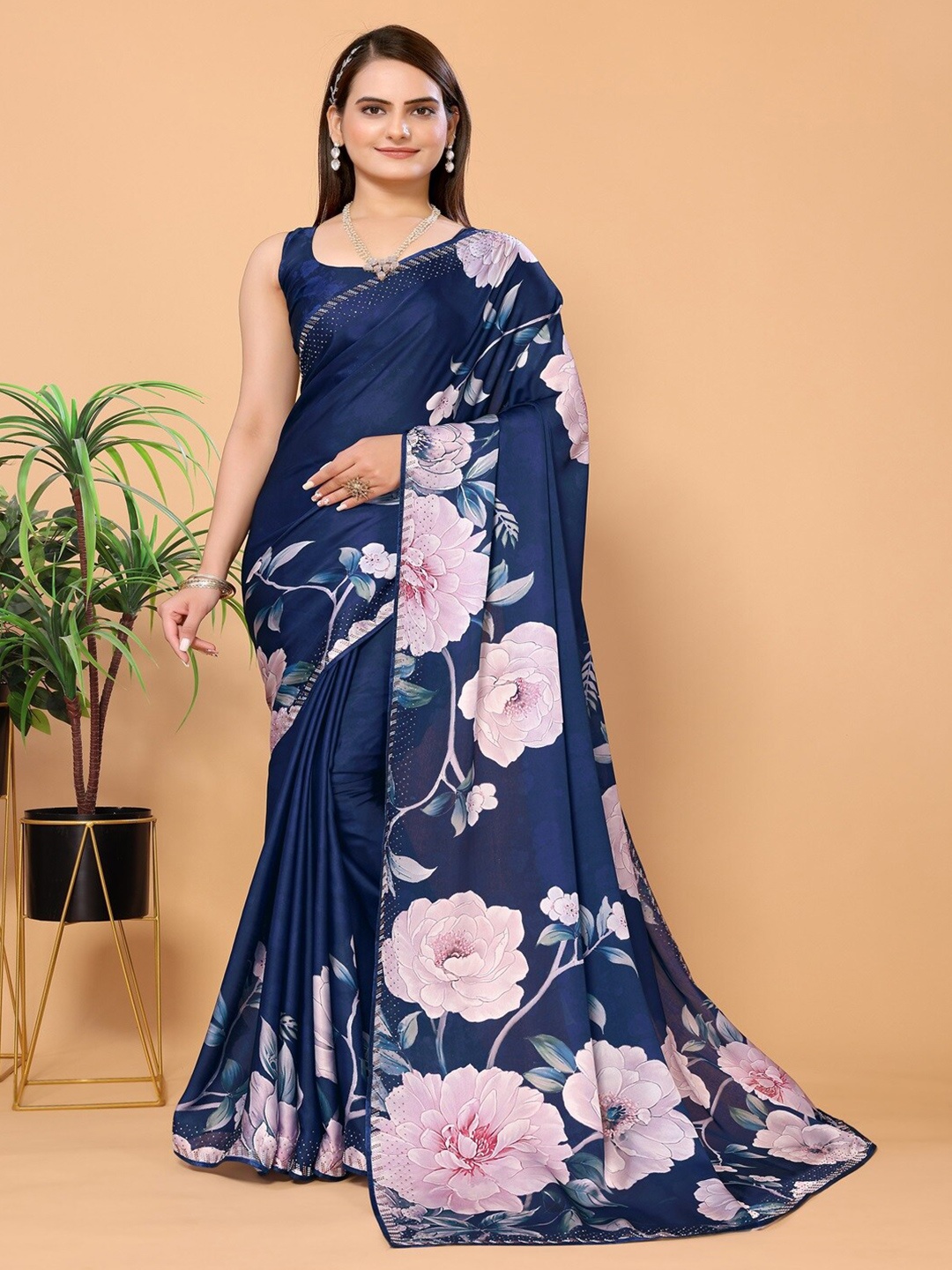 

ARYZE Floral Beads and Stones Satin Saree, Blue