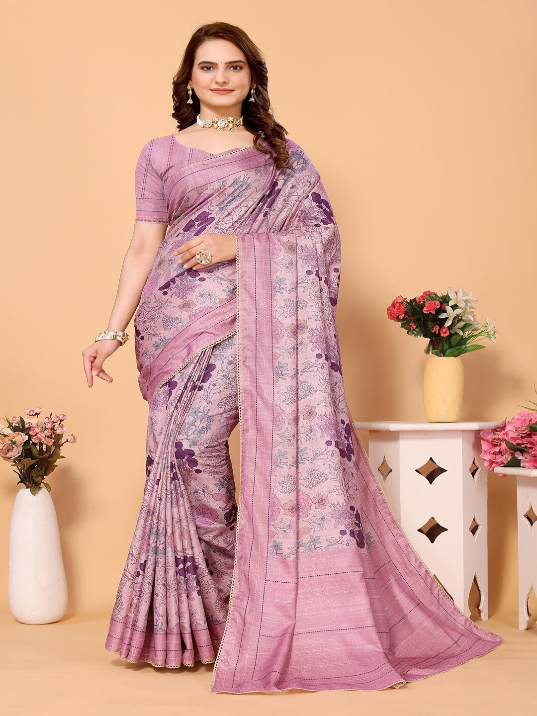 

ARYZE Floral Embroidered Silk Blend Saree, Pink