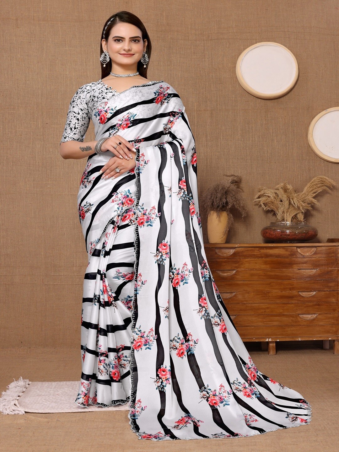 

ARYZE Floral Beads and Stones Satin Saree, White