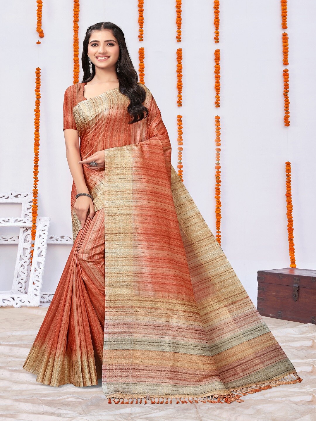 

ARYZE Striped Silk Blend Saree, Orange